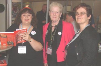 Signing books for TUC delegates Janet Cassidy and Janine Booth